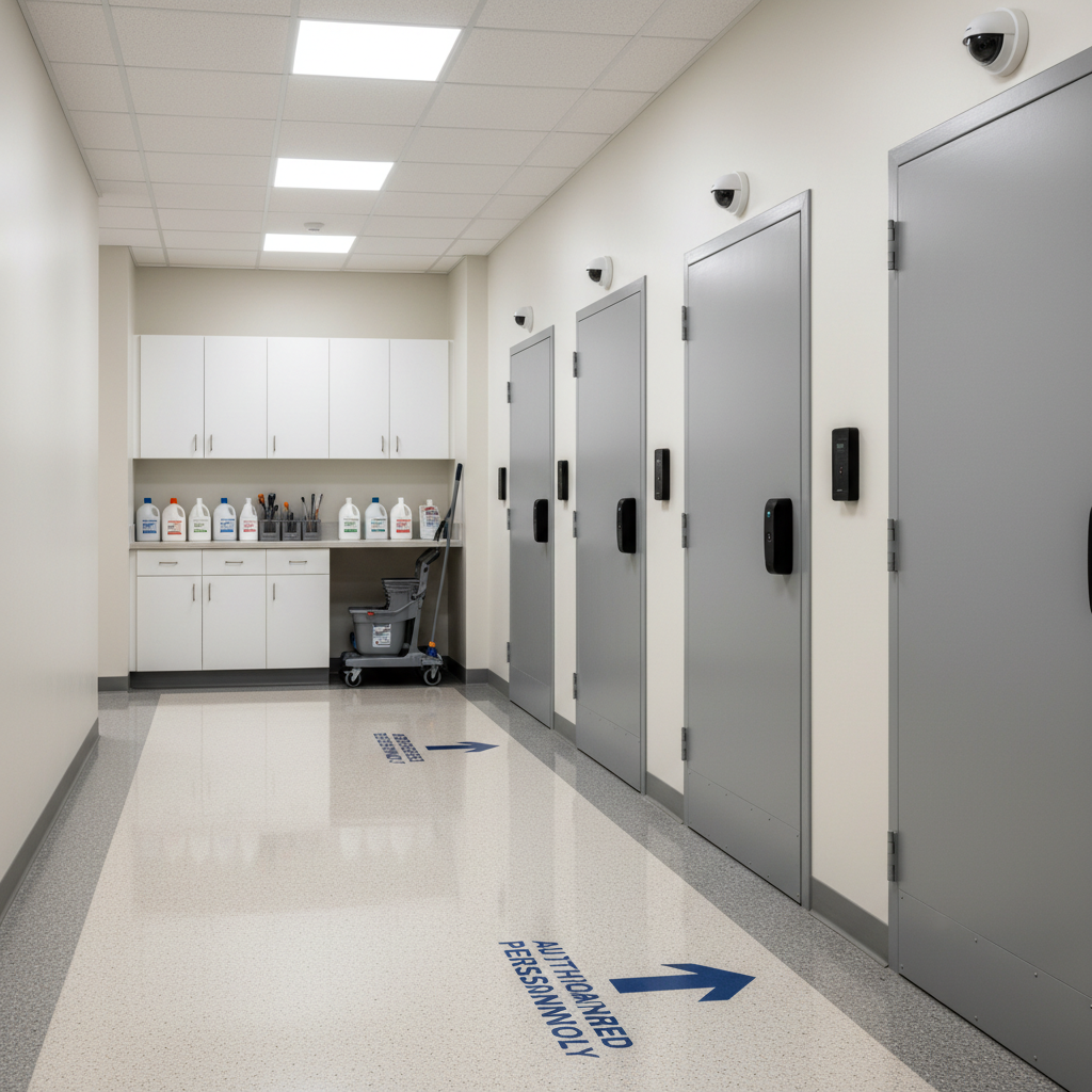 A secure government facility hallway with smooth, polished terrazzo flooring, neutral-toned walls, and clearly marked directional floor graphics. Along the right side, a series of heavy, reinforced doors with keycard readers and surveillance cameras above them suggest a high-security environment. Near the center, a discreet, well-organized cleaning station is built into an alcove: closed cabinets, labeled containers, and a compact cart ready for after-hours service. Bright, evenly spaced ceiling panels emit soft, diffused white light, reducing glare and casting gentle, controlled shadows. Photographic realism, eye-level composition with balanced framing, conveying trustworthiness, discretion, and the dependable, low-visibility janitorial services required in sensitive government facilities.