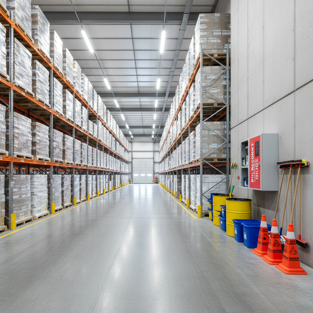 A high-ceilinged logistics and distribution warehouse, with long, spotless concrete aisles stretching between tall racks of neatly wrapped pallets. The central aisle floor shows faint, consistent machine-scrubber patterns, indicating recent, thorough cleaning. At the far end, a bright loading dock opening reveals soft daylight, while the interior is illuminated by rows of cool white LED fixtures. In the foreground, an organized spill response and cleaning station with color-coded containers, caution cones, and signage stands beside a wall. Photographic realism, shot from a central, slightly low angle to accentuate depth and scale, highlighting safety, efficiency, and robust facility maintenance in an industrial setting.