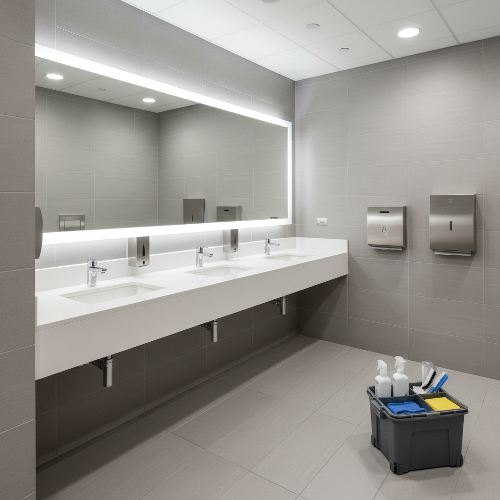 A pristine commercial restroom in a large office or institutional building, with large-format light gray tiles on the floor and walls, solid-surface countertops, and undermount sinks with touchless chrome faucets. Every surface is spotless, with a subtle sheen from recent cleaning. A closed, organized janitorial tote sits discreetly in the corner, containing sealed containers and folded microfiber cloths. Recessed ceiling lights and an illuminated mirror cast bright, even light with soft shadows, emphasizing hygiene and attention to detail. Photographic realism, captured at eye level with sharp focus on the fixtures and reflective surfaces, reinforcing the professionalism and thoroughness of integrated facility services.
