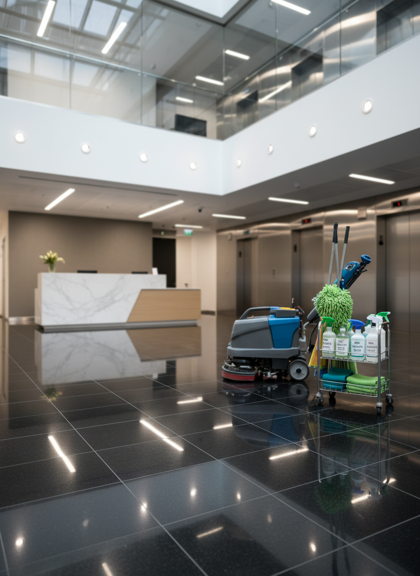 A bright, modern commercial office lobby with a double-height ceiling, glass walls, and a glossy stone tile floor that has just been machine-polished to a mirror-like finish. In the center, a compact, high-end floor scrubber sits parked beside an organized caddy of eco-friendly cleaning supplies, color-coded mop heads, and labeled spray bottles. Stainless steel elevator doors and a reception desk are visible in the background, slightly softened by shallow depth of field. Cool white LED downlights create clean, precise highlights on every reflective surface. Photographic realism, captured from a slightly elevated angle, emphasizing cleanliness, order, and the reliability of professional janitorial services for corporate and commercial facilities.
