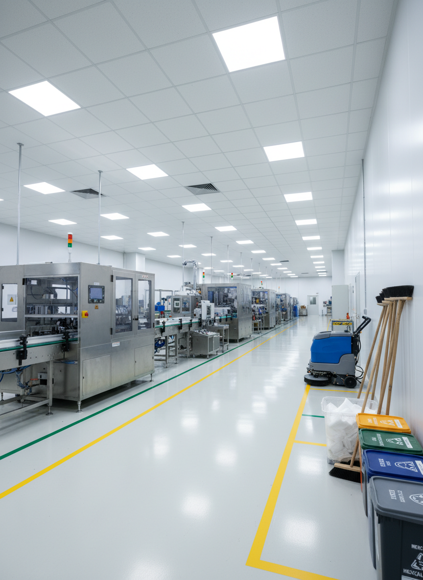 A meticulously maintained manufacturing floor with bright epoxy-coated flooring divided into clearly marked safety zones in yellow and green. Along one side, large, clean production equipment and conveyors stand dust-free, with no debris in sight. In the foreground, a neatly arranged set of industrial janitorial tools is positioned against a wall: heavy-duty brooms, spill-control absorbent materials, labeled waste segregation bins, and a compact auto-scrubber. Overhead high-bay LED fixtures cast strong, uniform light, eliminating dark corners and highlighting the spotless surfaces. Photographic realism, shot from a low-angle perspective down the main aisle, creating depth and emphasizing safety compliance, operational discipline, and rigorous facility care for manufacturing environments.