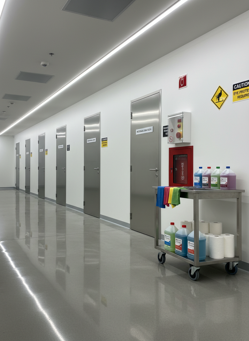 A wide, cinematic view of a spotless industrial facility corridor, with gleaming polished concrete floors reflecting overhead LED strip lighting. On the left, a row of closed, clearly labeled metal doors leads to various mechanical and electrical rooms. In the foreground, a bright, well-maintained janitorial cart with color-coded microfiber cloths, sealed chemical containers, and neatly stacked paper products is parked beside a wall with safety signage and mounted fire equipment. The lighting is cool and even, creating crisp reflections and minimal shadows. Photographic realism, shot at eye level with sharp focus throughout, conveying professionalism, operational excellence, and a calm, controlled, safety-compliant environment suitable for government and industrial clients.