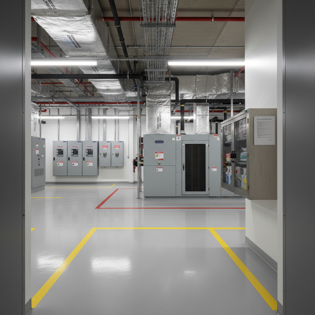 A clean, efficient mechanical room showcasing well-maintained building infrastructure: labeled pipes, insulated ductwork, electrical panels, and a central HVAC unit, all free of dust and grime. The painted concrete floor is spotless and clearly marked with safety pathways and equipment boundaries. A compact, wall-mounted cleaning station displays organized tools, chemical storage, and a clearly visible safety data area, all closed and compliant. Bright, neutral overhead lighting creates crisp visibility and minimal shadow, making the room feel orderly and controlled. Photographic realism, framed with a wide-angle lens from the doorway, emphasizing operational excellence, preventive maintenance support, and the behind-the-scenes care that professional facility services provide.