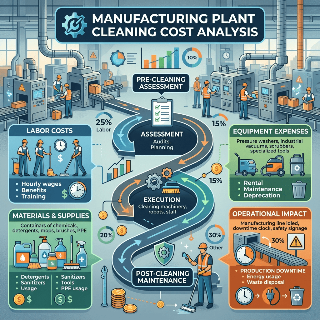 Manufacturing plant cleaning cost analysis including labor, materials, equipment, and operational impact